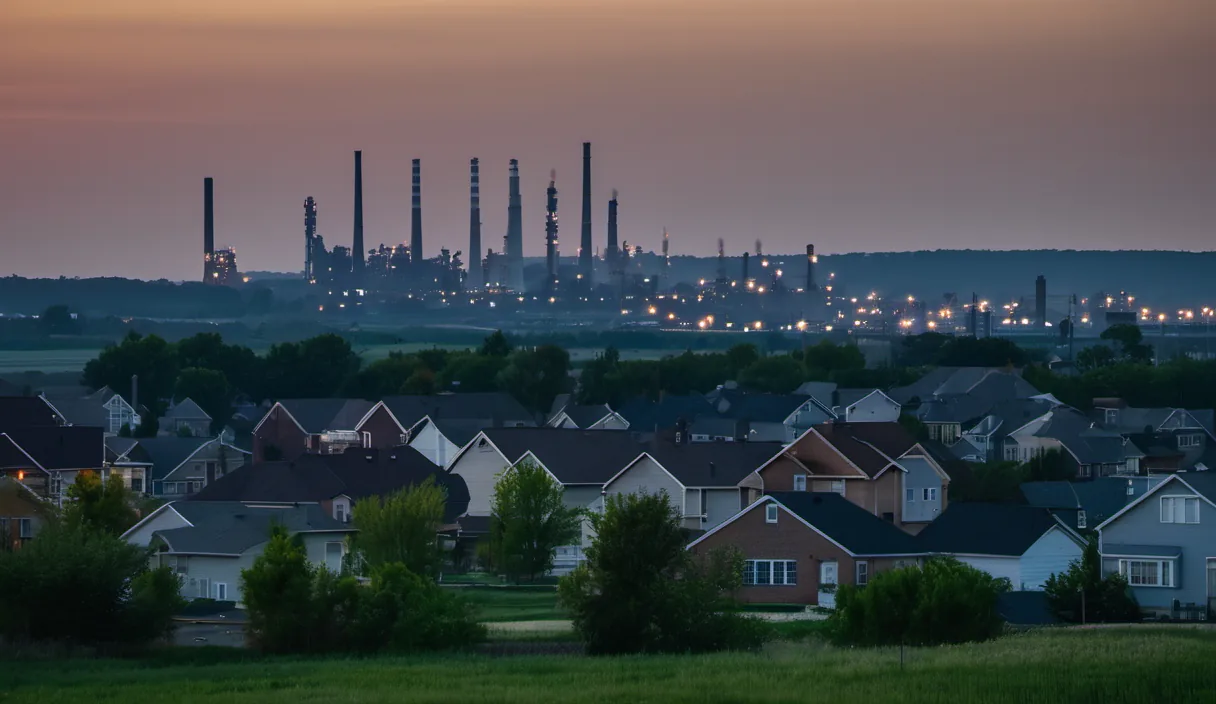 Residential neighborhood with a distant industrial plant at dusk