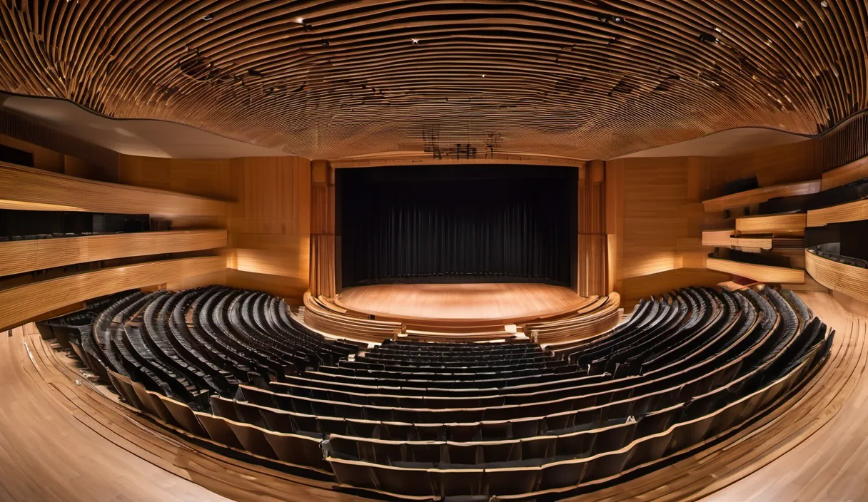 Modern concert hall with wooden acoustic diffusers