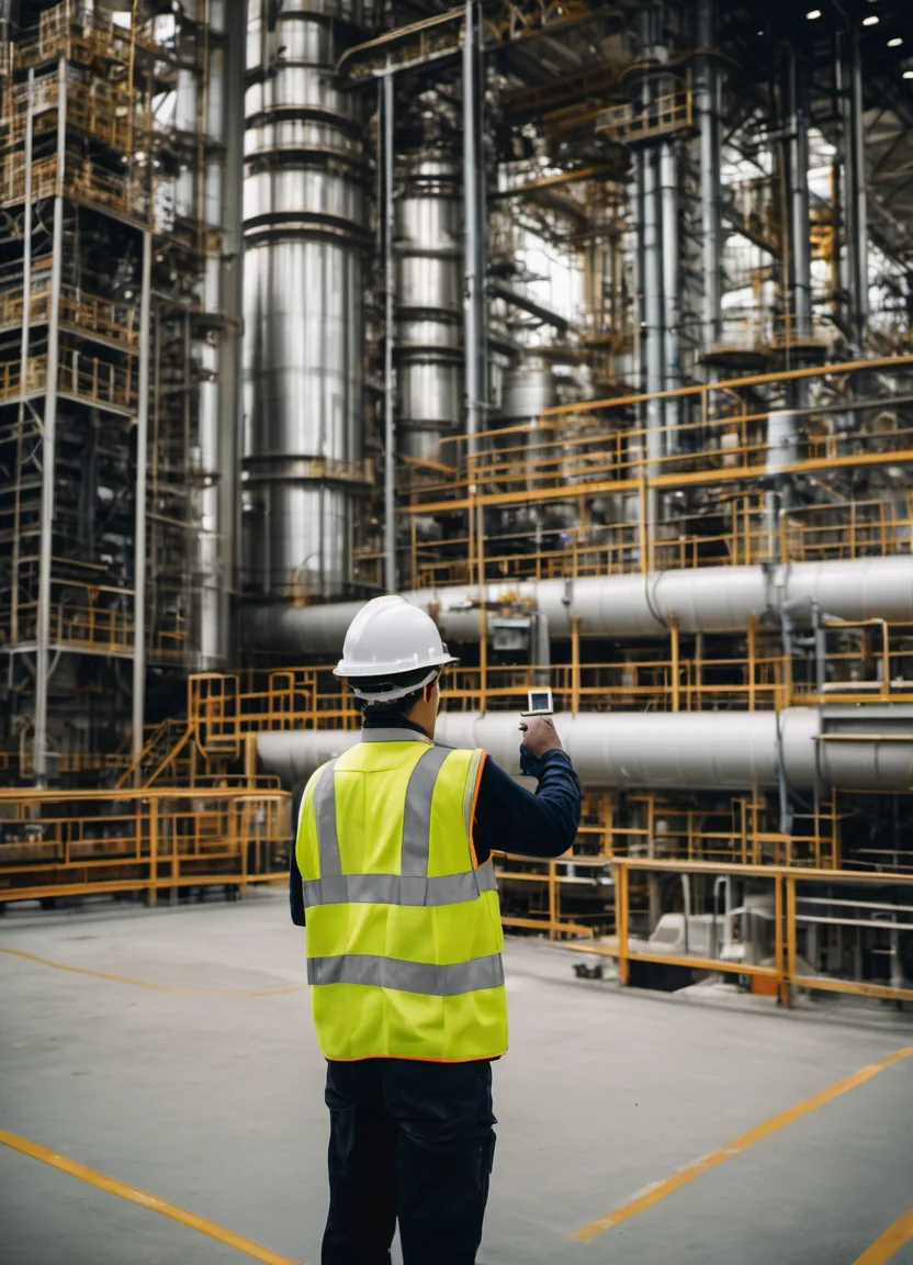 Acoustical engineer with a sound level meter in a petrochemical plant