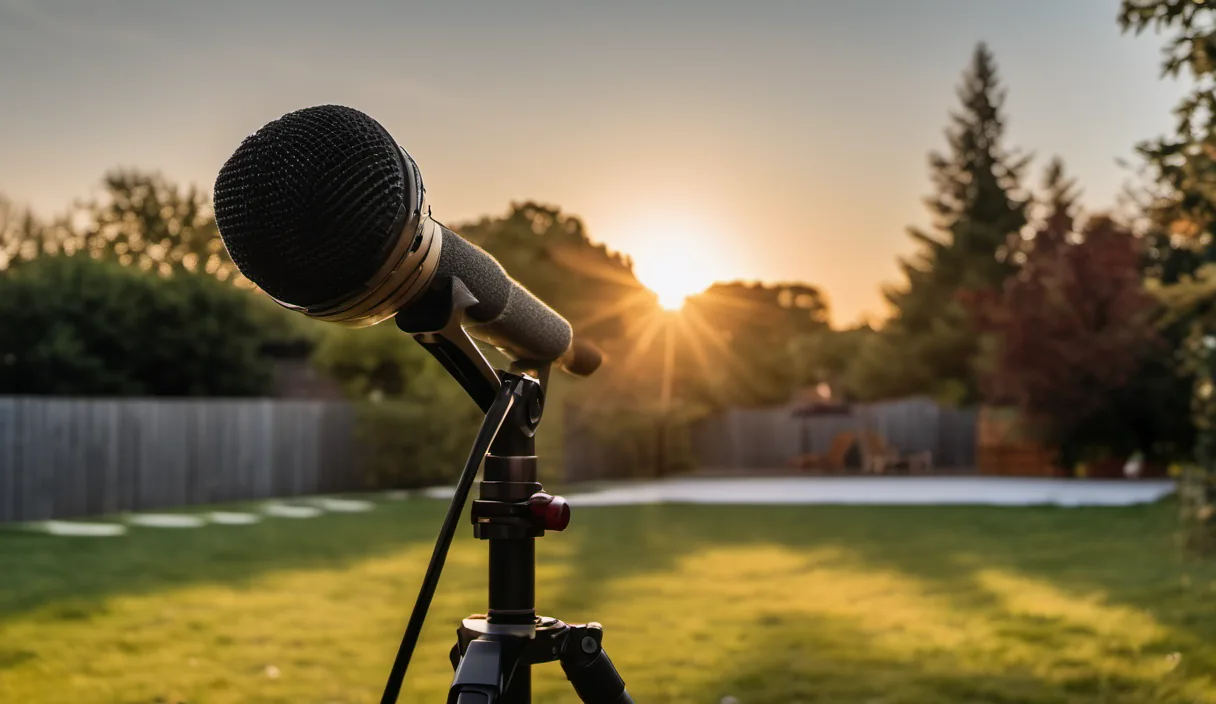 Sound level meter on a tripod measuring environmental noise in a residential neighborhood at dusk