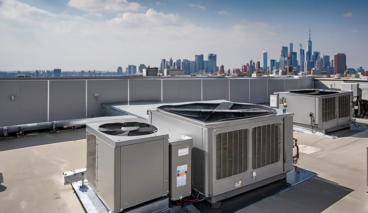 Rooftop HVAC chiller units on a modern commercial building roof